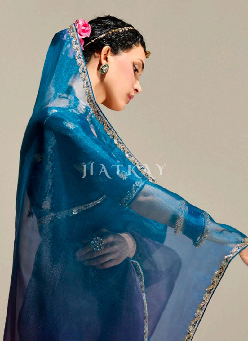 Purple And Blue Shaded Silk Sari