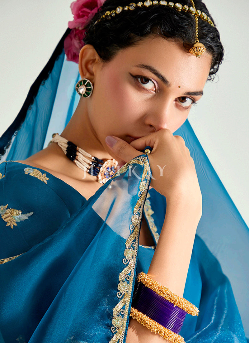 Purple And Blue Designer Silk Sari