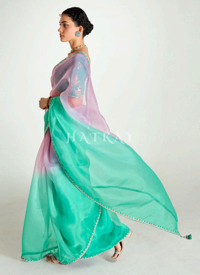 Green And Pink Shaded Silk Sari
