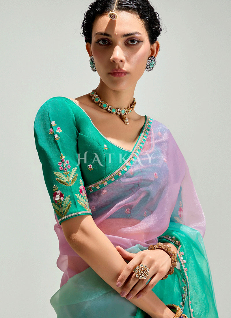 Green And Pink Bollywood Silk Sari