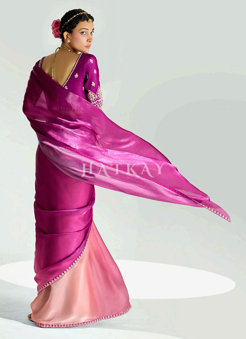 Magenta And Peach Shaded Silk Sari