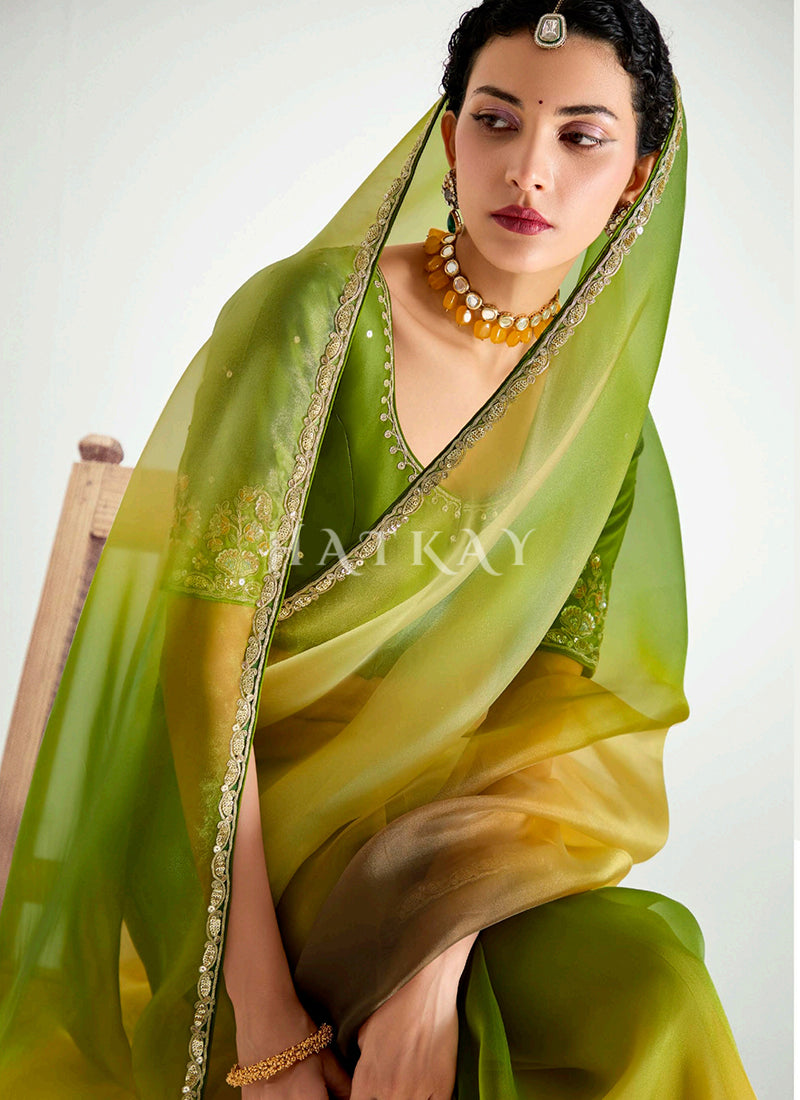 Yellow And Green Bridal Silk Sari