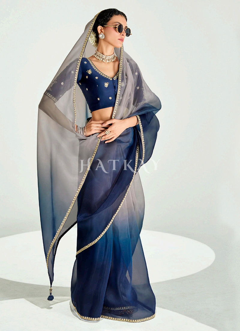 Blue And Beige Shaded Silk Sari