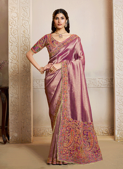 Mauve Purple Handwork Embroidery Festive Saree