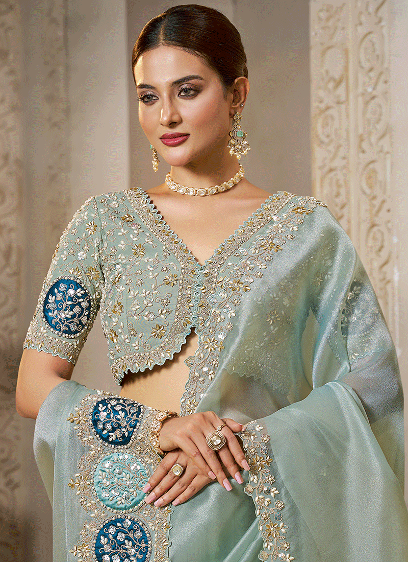 Buy Sea Green Designer Readymade Saree for Women
