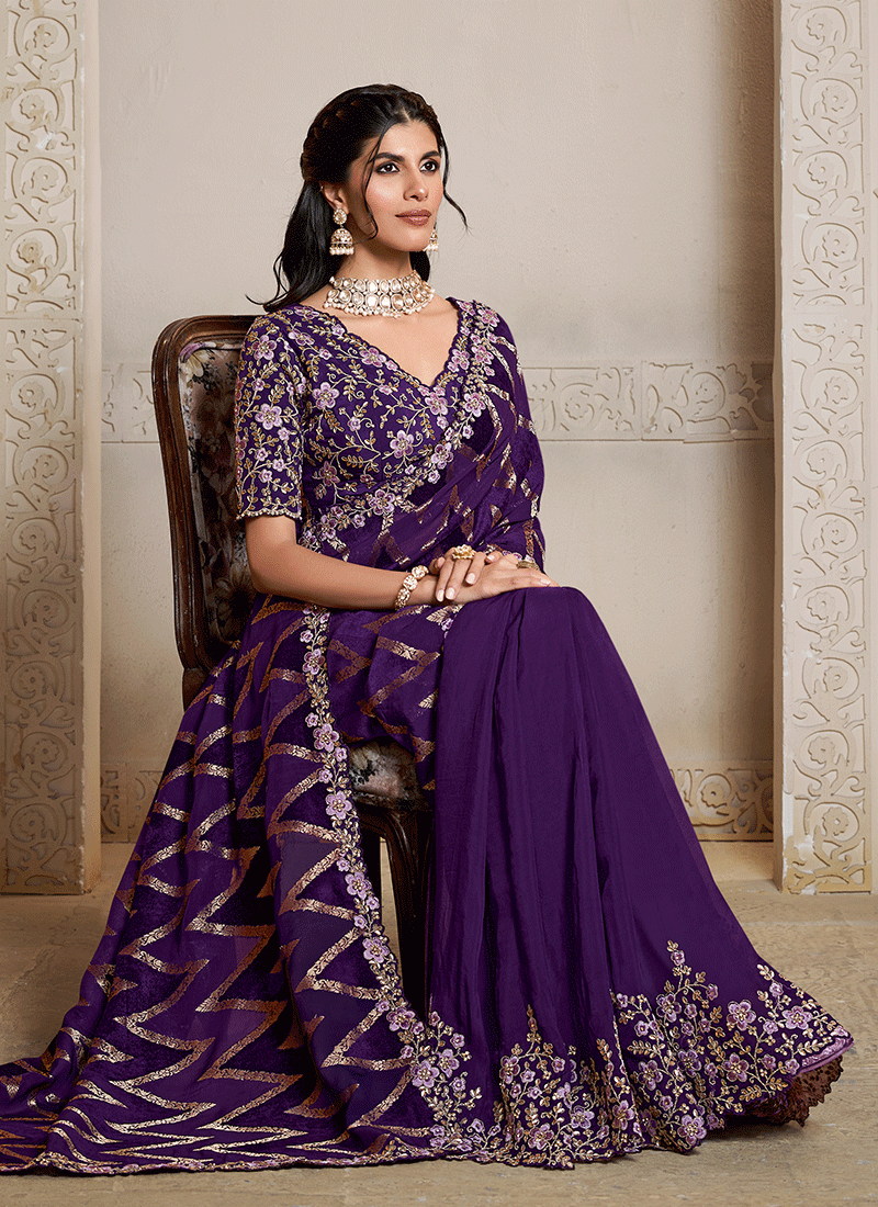 Shop Deep Purple Handwork Saree Online