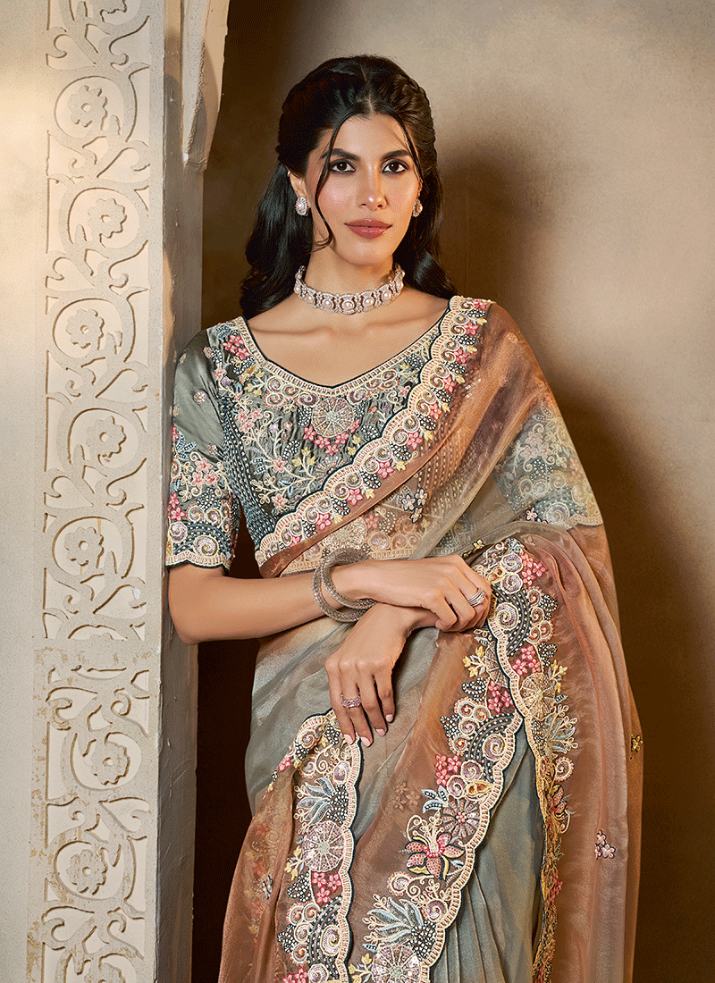 Shop Teal Orange Handwork Embroidery Saree Online