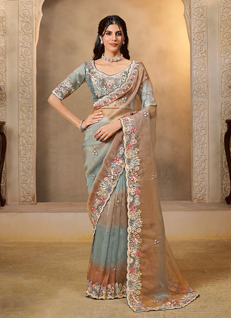 Teal Orange Handwork Embroidery Festive Saree