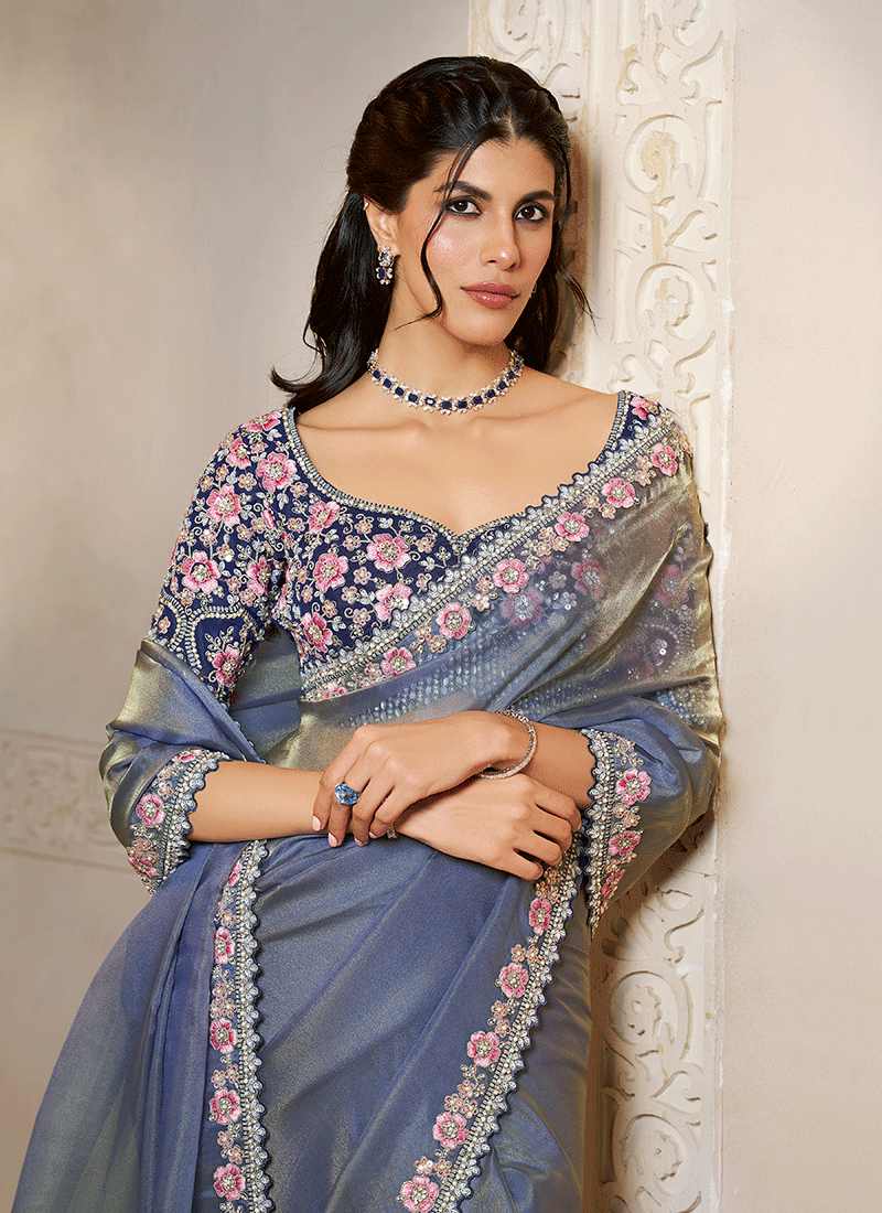 Buy Blue Handwork Embroidery Sari Online At Hatkay