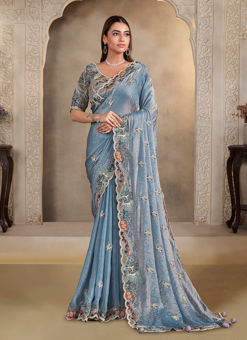 Mist Blue Handwork Embroidery Festive Saree