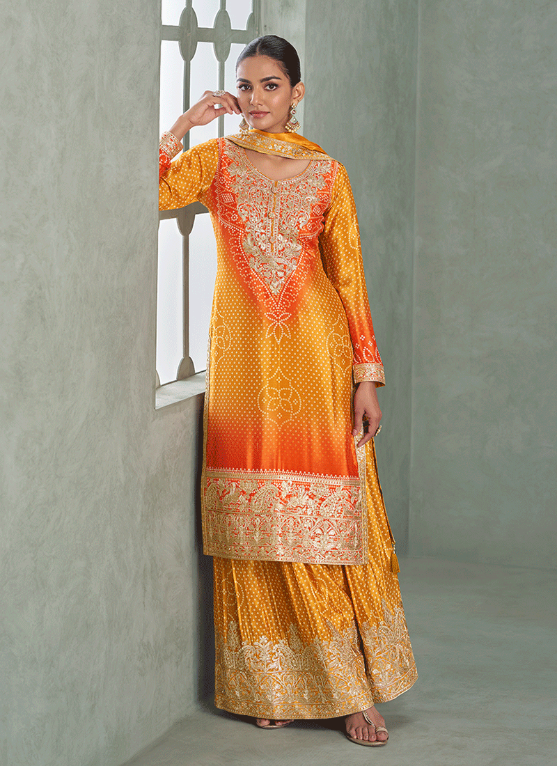 Yellow And Orange Ethnic Embroidered Sharara Suit - Hatkay