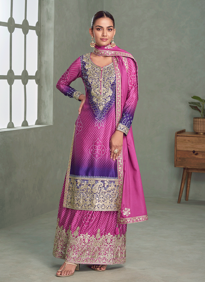 Pink And Purple Ethnic Embroidered Gharara Suit - Hatkay