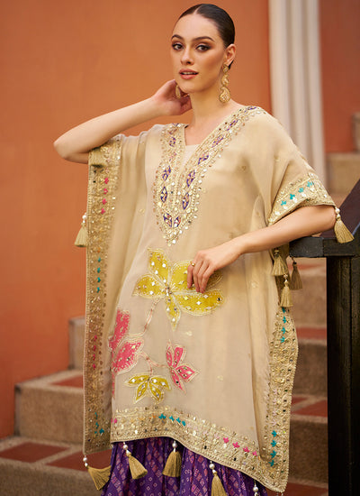 Buy Beige And Purple Kaftan Gharara Sets For Women