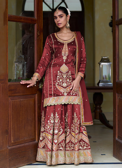 Deep Red Multi Embroidery Silk Gharara Set