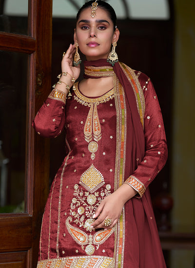 Shop Deep Red Silk Gharara Set Online In UK