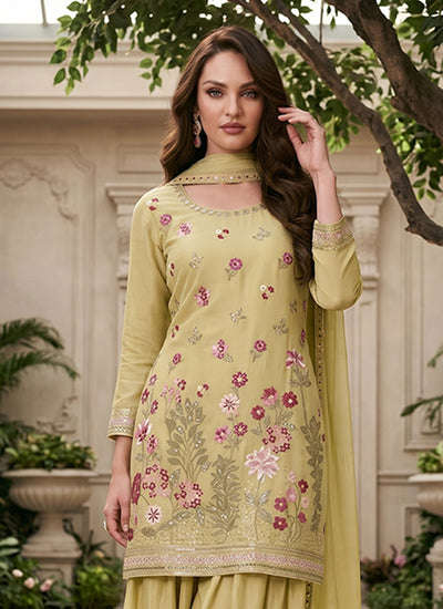 Green Floral Embroidered Gharara Suit for Women