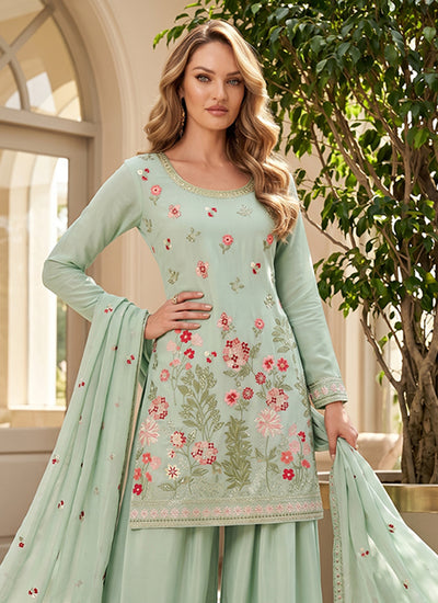 Mint Green Indian Gharara Suit with Elegant Floral Embroidery