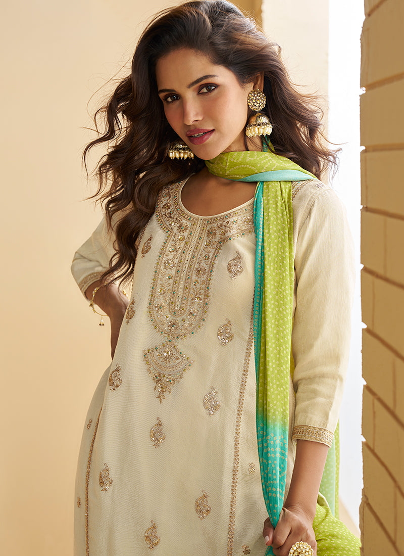Buy Off White And Green Gharara Suit