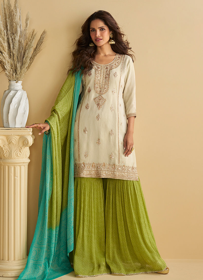 Off White And Green Festive Wear Gharara Suit