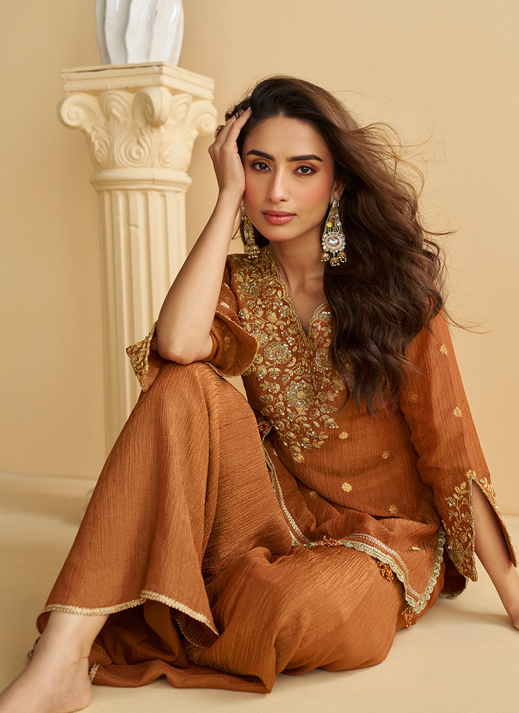 Buy Designer Brown Gharara Dress