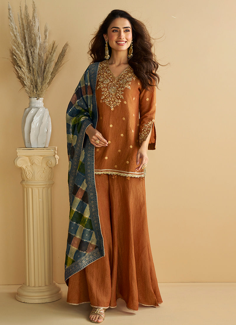 Rust Brown Festive Wear Gharara Suit