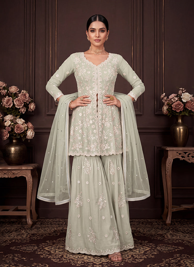 Sage Green Embroidered Georgette Peplum Gharara Suit