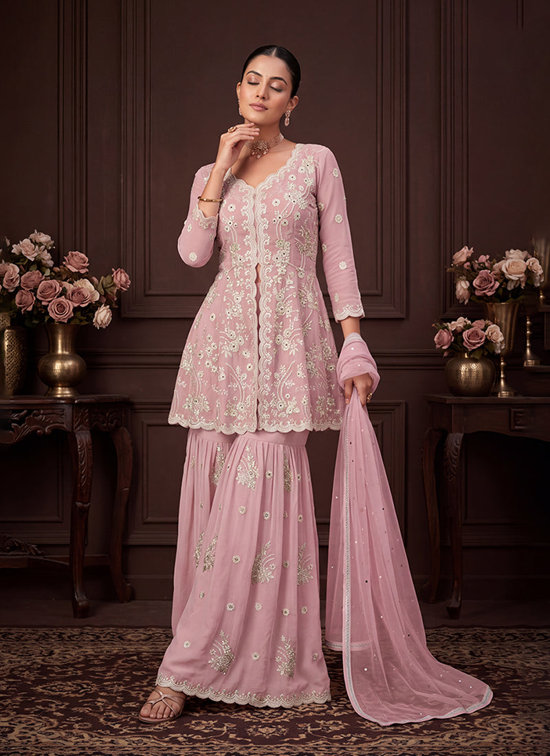 Light Pink Embroidered Georgette Peplum Gharara Suit