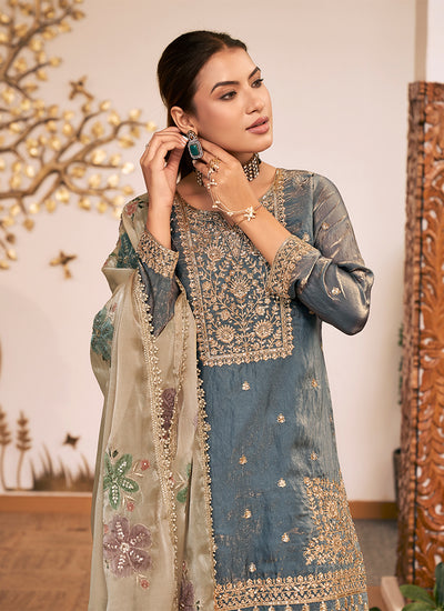 Buy Mystic Blue Silk Gharara Suit In USA