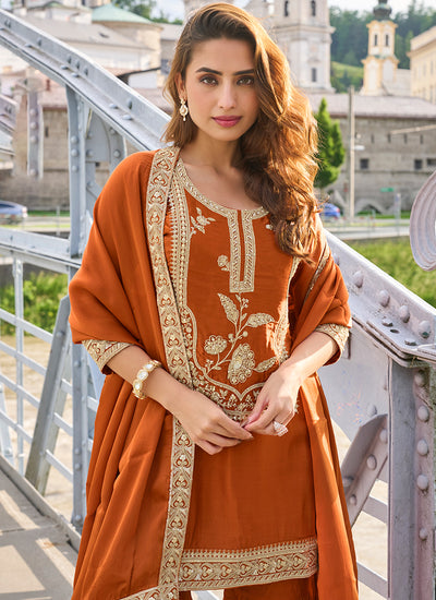 Rust Orange Embroidered Pure Silk Gharara Suit