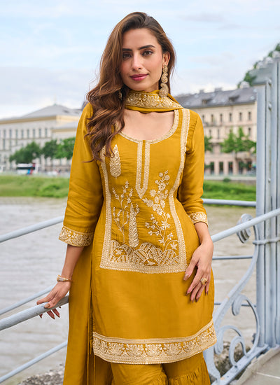 Mustard Yellow Embroidered Pure Silk Gharara Suit