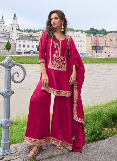 Magenta Pink Embroidered Pure Silk Gharara Suit