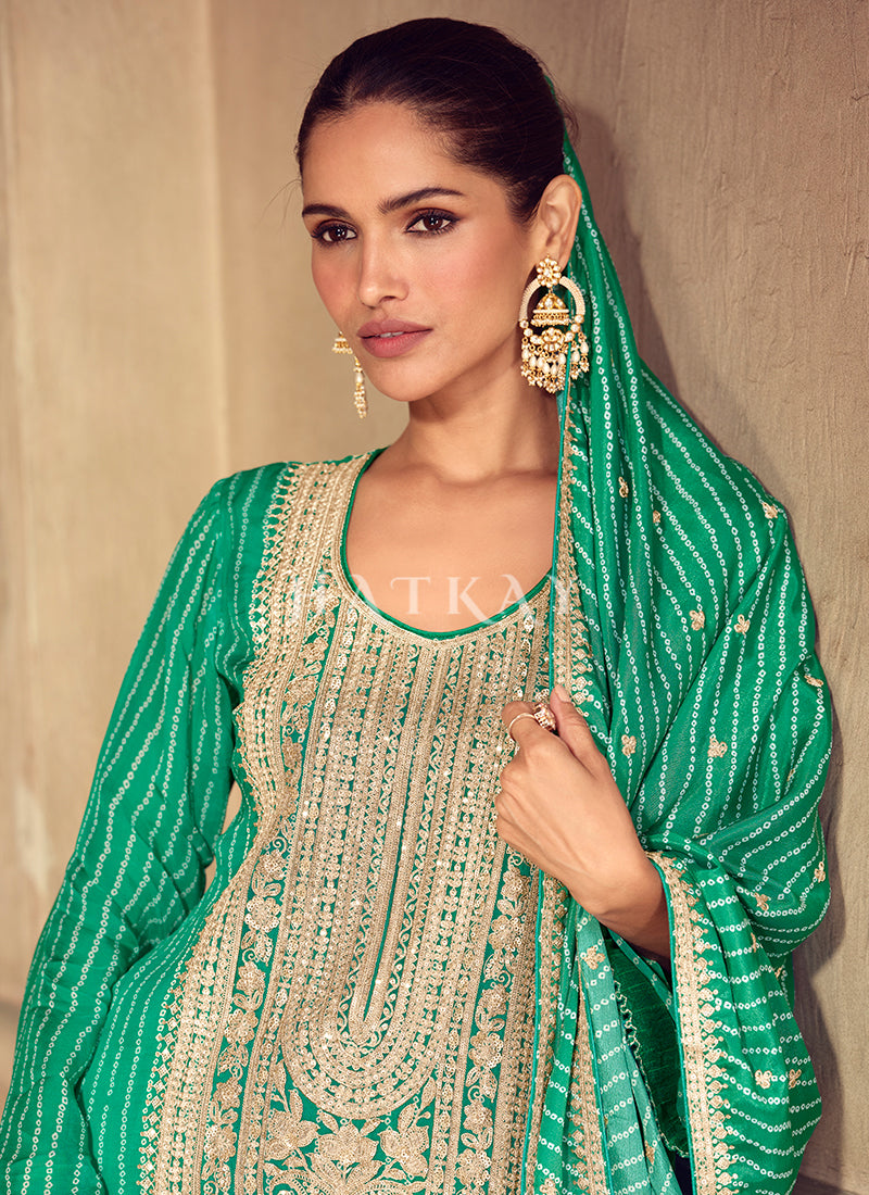 Buy Traditional Emerald Green Gharara Suit For Engagement In Canada