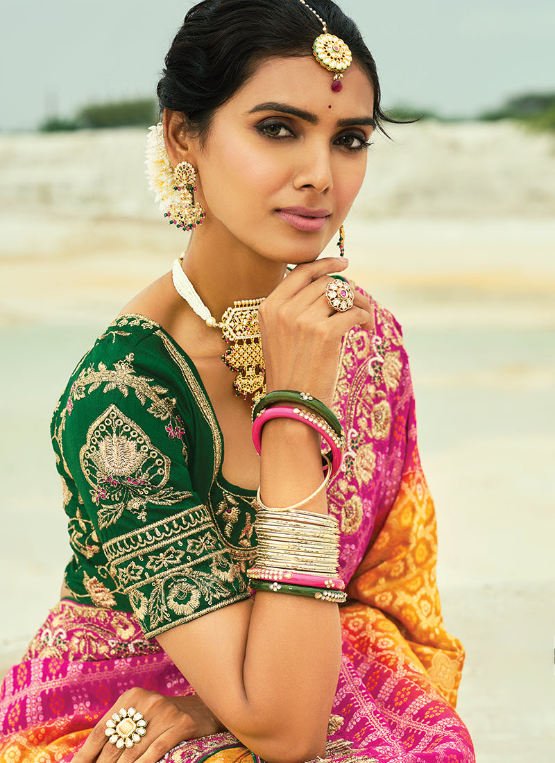 Buy Pink And Yellow Bandhej Saree In UK