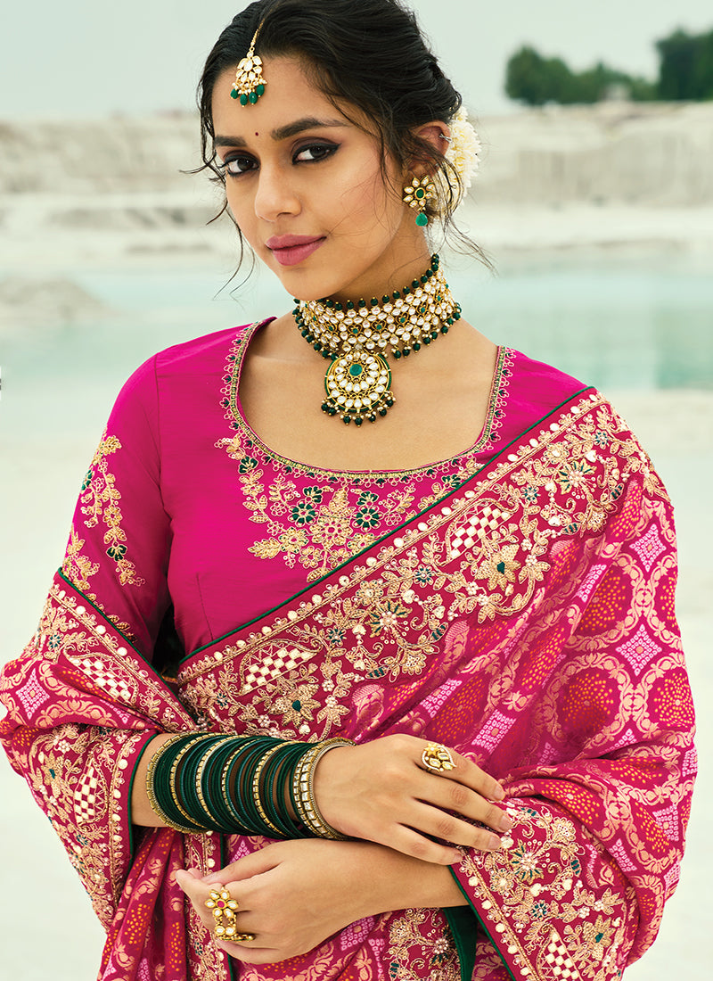 Buy Rani Pink Handwork Bandhej Saree In USA