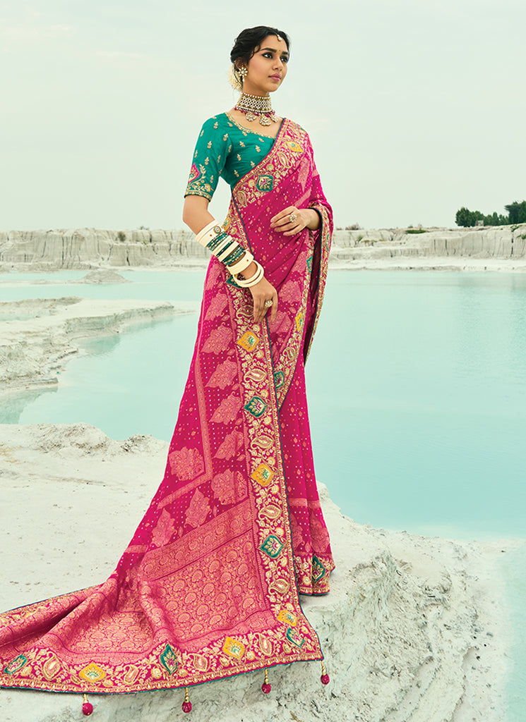 Magenta And Teal Bandhej Sari At Hatkay