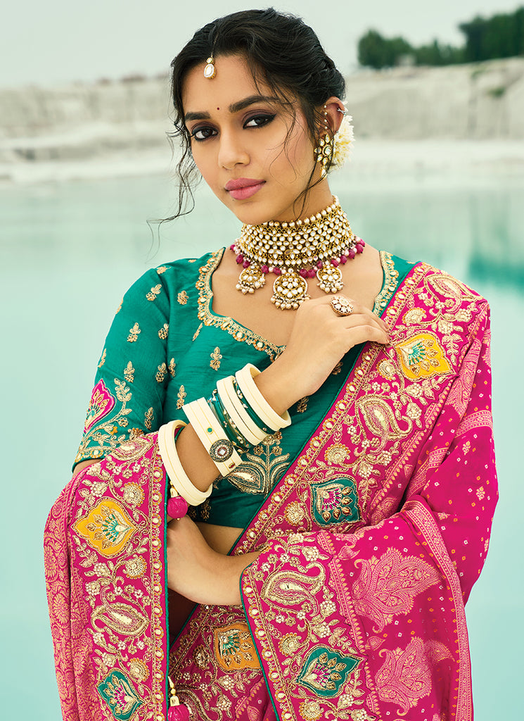 Magenta And Teal Handwork Bandhej Sari In Canada