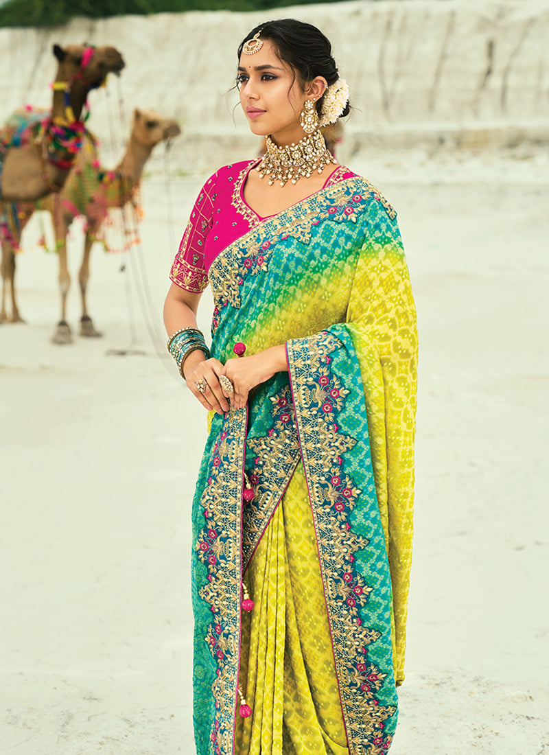 Buy Turquoise And Yellow Handwork Saree