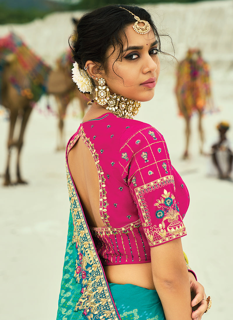 Turquoise And Yellow Saree Online