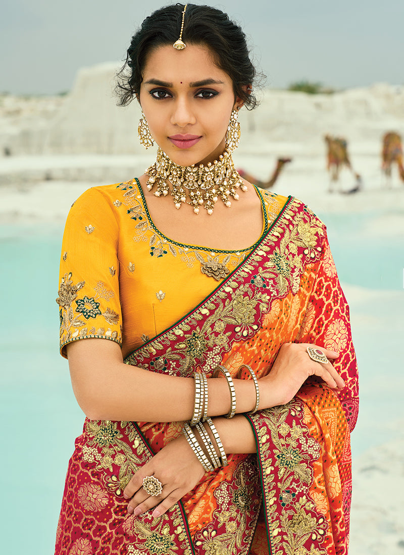 Red And Yellow Handwork Embroidery Georgette Bandhej Saree