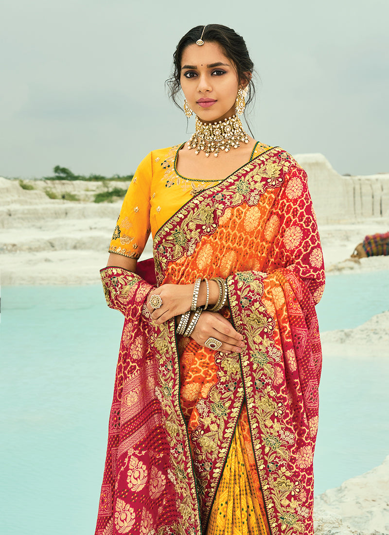Red And Yellow Handwork Embroidery Georgette Bandhej Saree