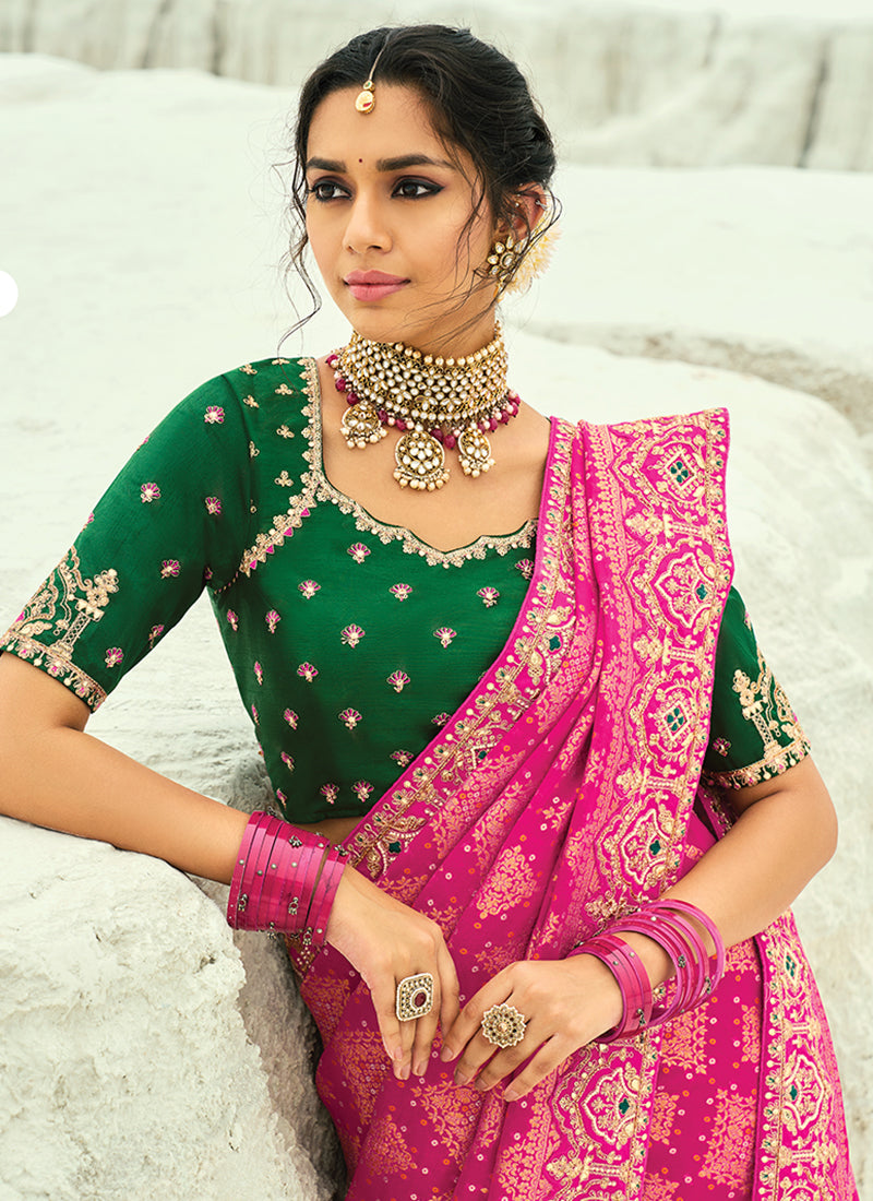 Buy Pink And Green Bandhej Sari In USA