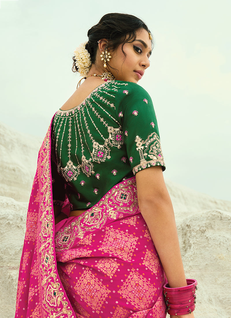 Buy Pink And Green Sari Online
