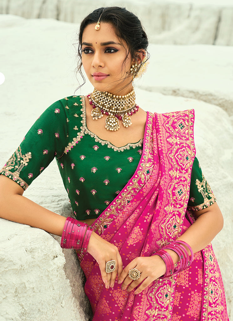Buy Pink And Green Bandhej Sari In USA