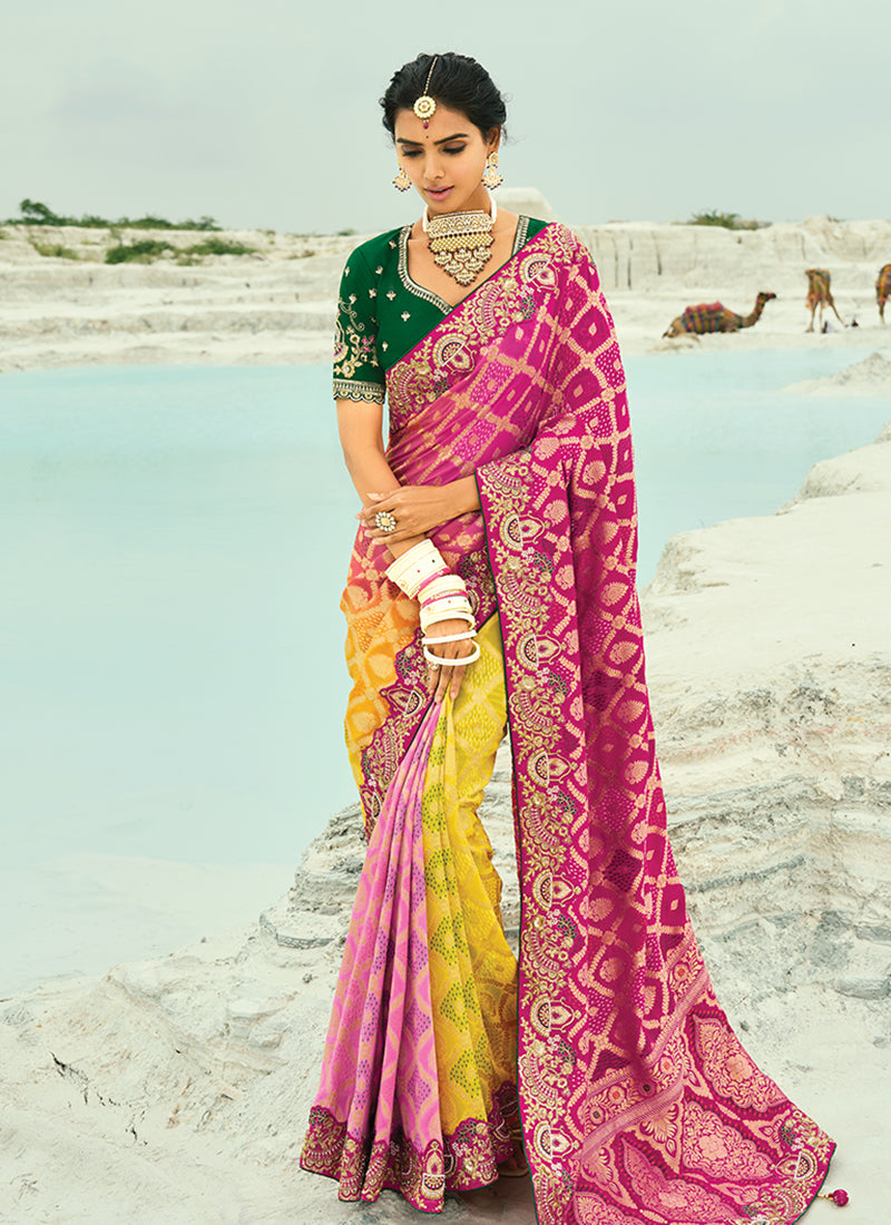 Pink Multicolored Handwork Bandhej Saree
