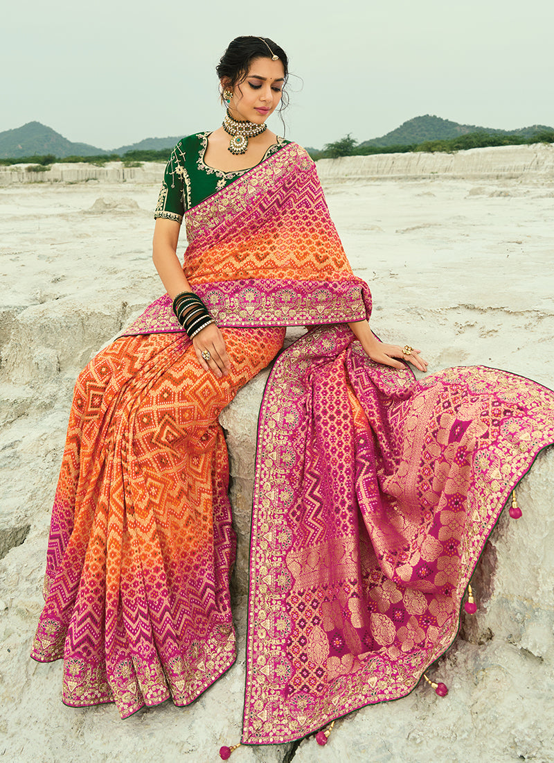 Orange And Green Handwork Saree