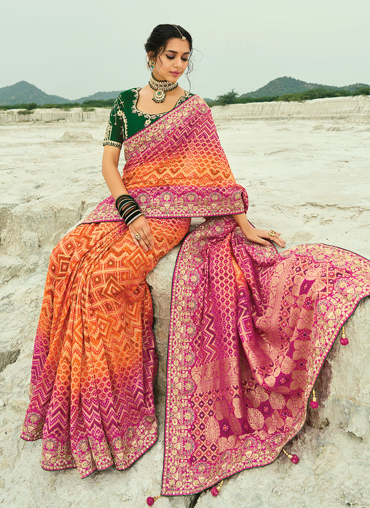 Orange And Green Handwork Saree
