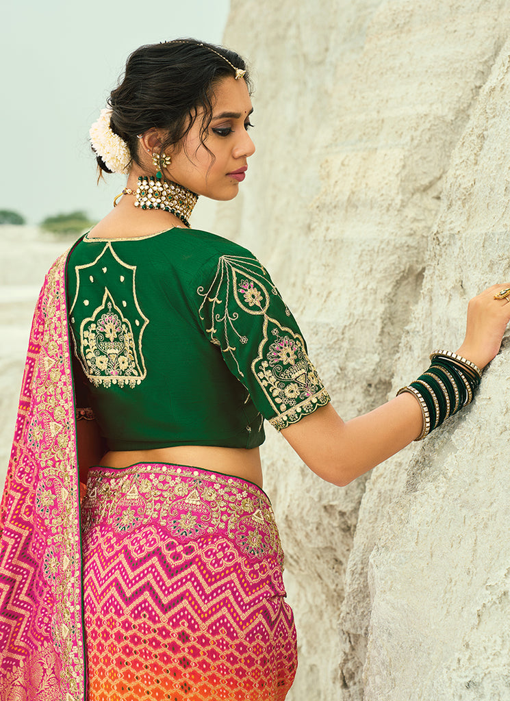 Orange And Green  Bandhani Sarees Online