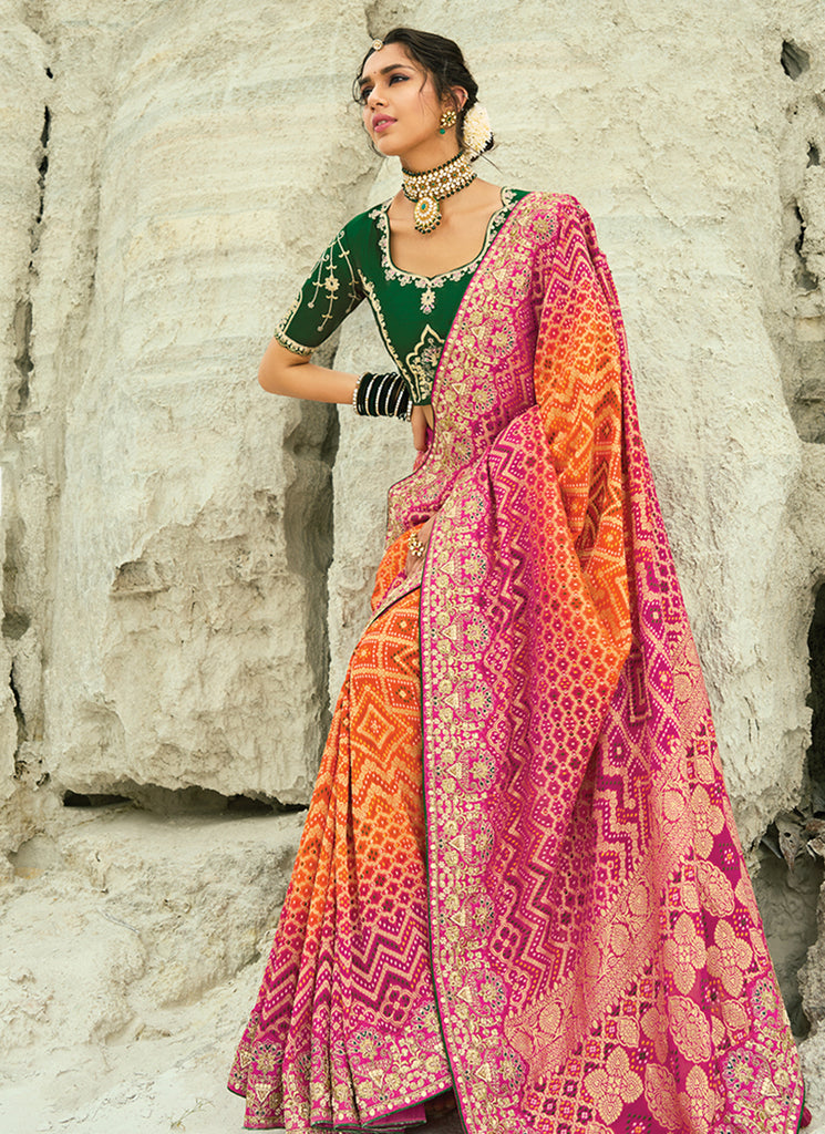 Orange And Green Bandhani Saree In USA