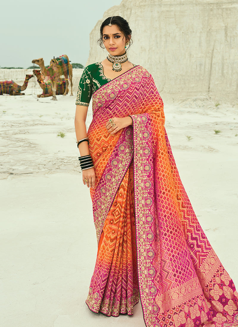 Orange And Green Handwork Bandhej Saree