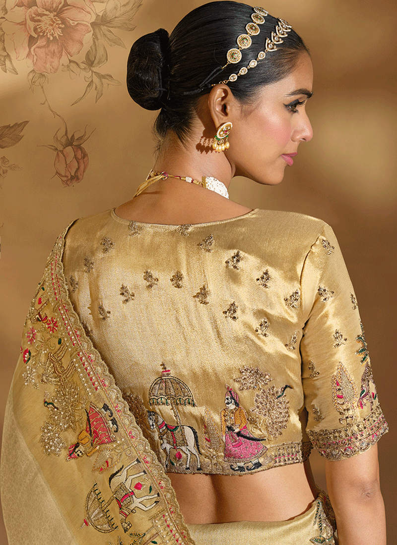 Buy Beige Golden Saree In USA